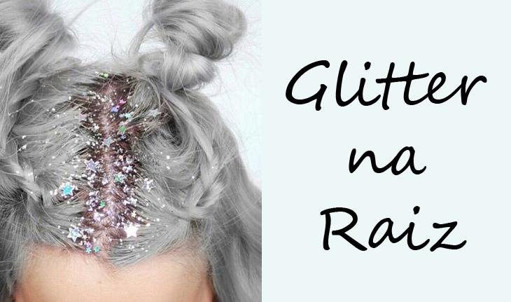capa da seção Glitter na Raiz com foto de cabelo cinza preso em dois coques com glitter rosa e prata, com alguns em formato de estrela