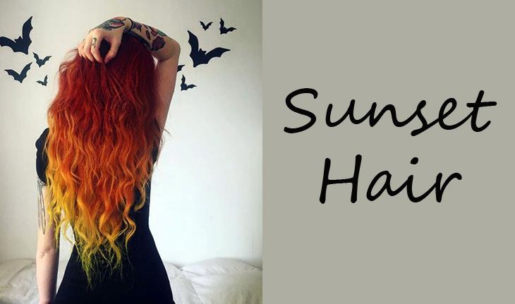 capa da seção Sunset Hair com foto de cabelo sunset nas cores vermelho, laranja e amarelo