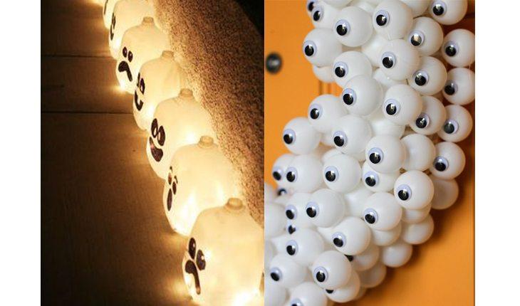Na foto há uma ideia de decoração de Halloween com luminárias de galão e bolinhas de ping-pong com olhos.