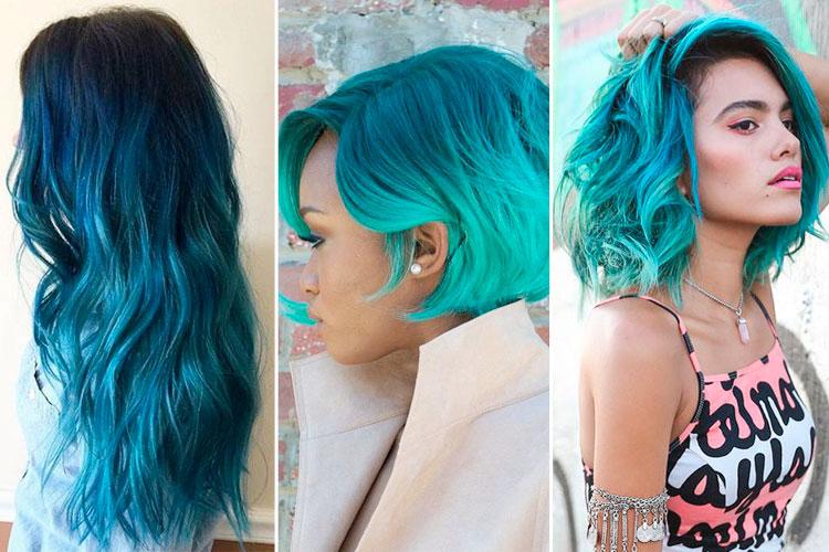 Montagem com três mulheres com o cabelo com mechas ombré hair azul ou mermaid bluw, mechas de sereia