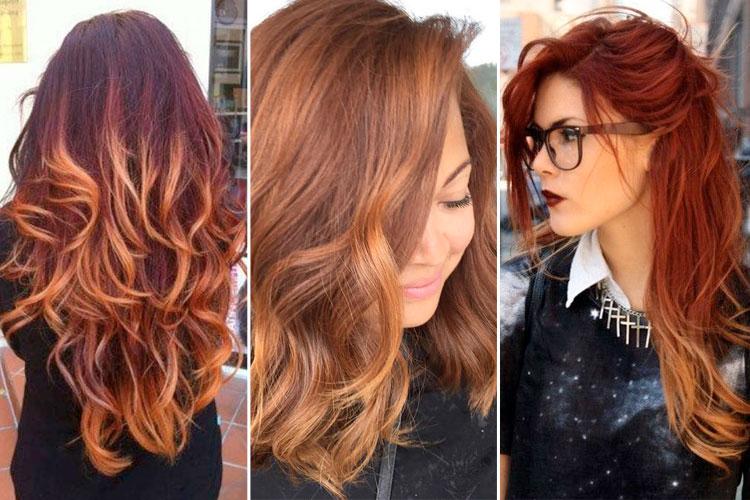 Montagem com três mulheres com o cabelo com mechas ombré hair vermelha ou pumpkin spice