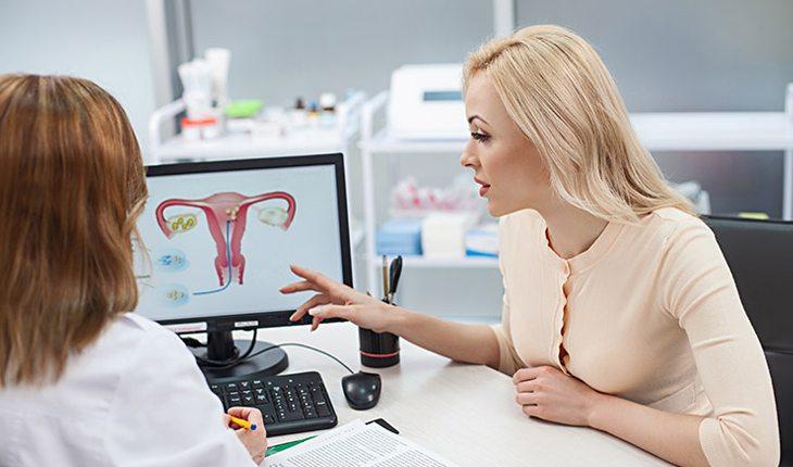 Na foto há uma mulher em uma consulta com ginecologista