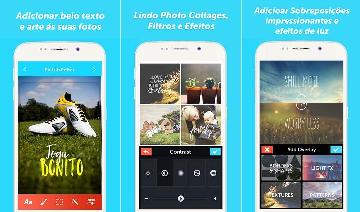 print de três telas de um smarpthone android com imagens do aplicativo piclab