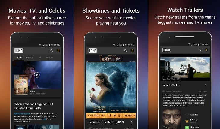 print de três telas de um smartphone android com imagens do aplicativo de cinema e tv imdb