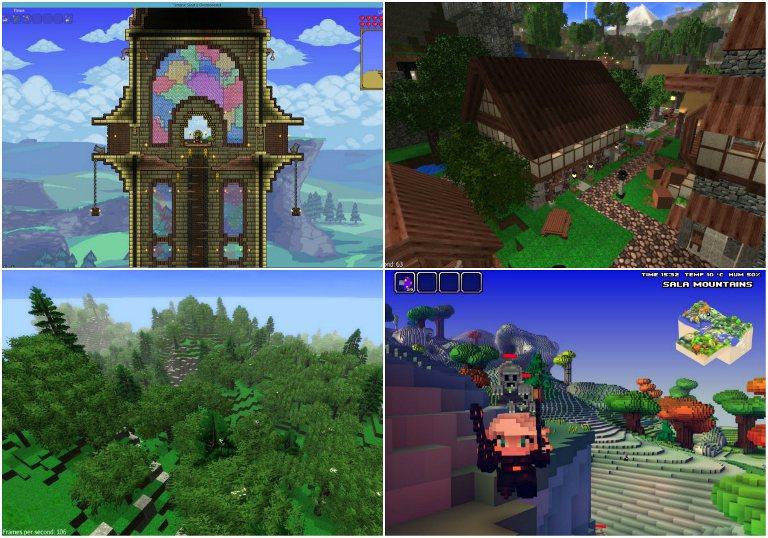 Imagens dos jogos Terraria, Blockland, Mythruna e Cube World