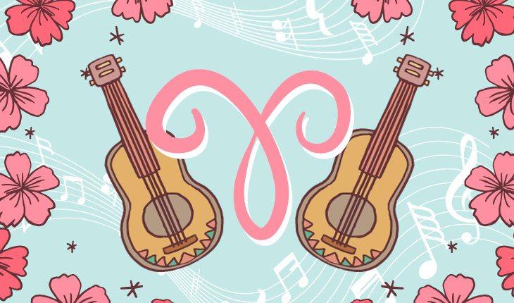 Ilustração com dois violões, lirios cor de rosa ao redor, fundo azul com notas musicais em branco e o símbolo do signo de áries