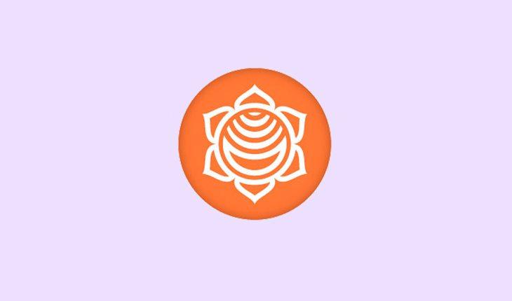 Na imagem há o símbolo do chakra do sacro ao meio. É um círculo laranja com um flor de 6 pétalas ao centro desenhada de branco.