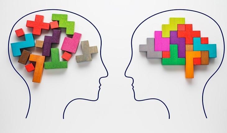 ilustração de dois cérebros com peças de quebra-cabeça