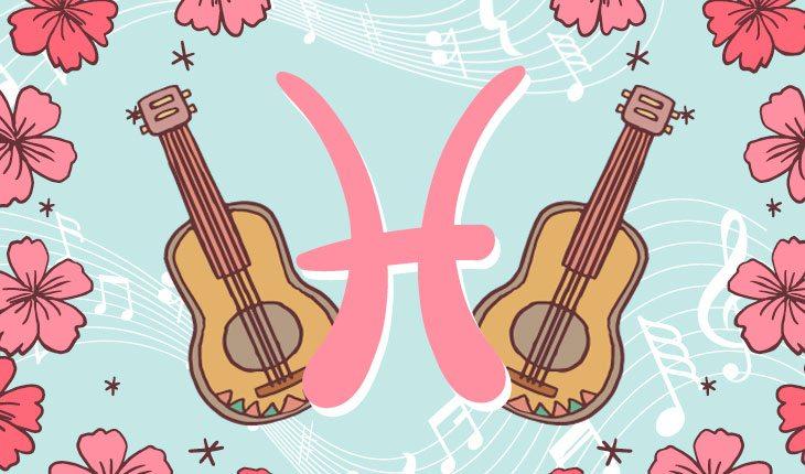 Ilustração com dois violões, lirios cor de rosa ao redor, fundo azul com notas musicais em branco e o símbolo do signo de peixes