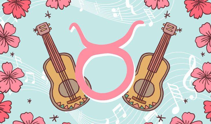 Ilustração com dois violões, lirios cor de rosa ao redor, fundo azul com notas musicais em branco e o símbolo do signo de touro