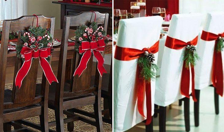 duas fotos de cadeiras com enfeites de natal em formatos de laços vermelhos