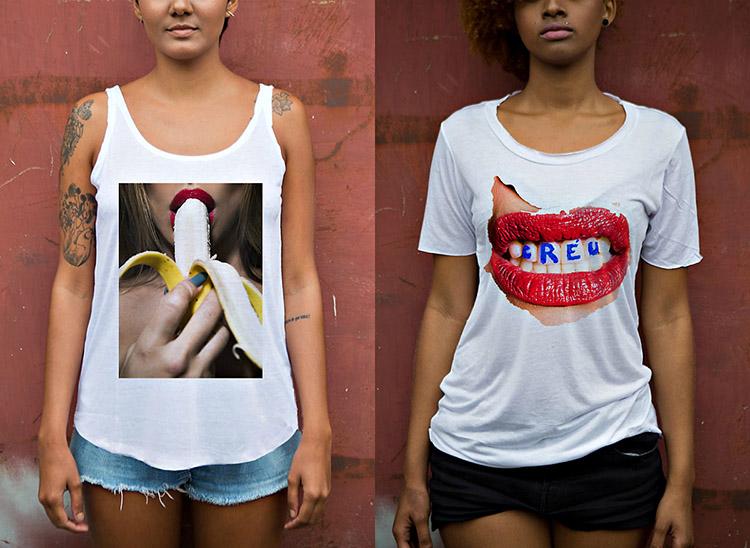 Montagem com camisetas da coleção "Bocas" de Cleo Pires