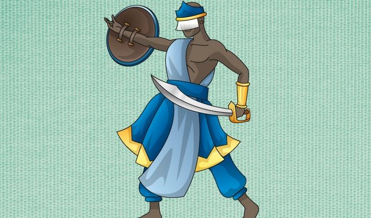Orixá Ogum de roupa branca, segurando um escudo e uma espada
