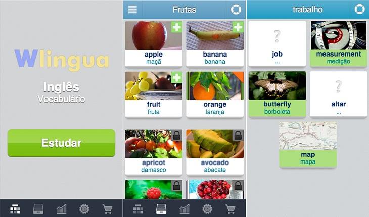 print de três telas de um smartphone apple com imagens do aplicativo aprenda ingles 3400 palavras