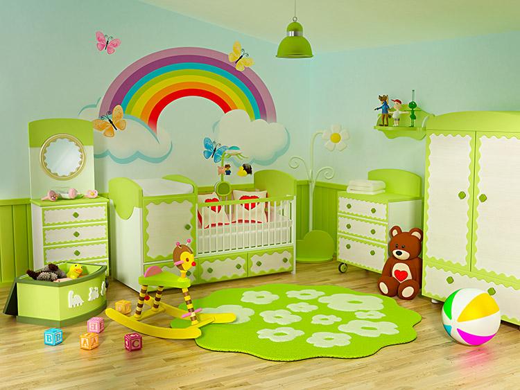 Quarto de bebê, cama, boneco, bola, guarda roupa, decoração verde