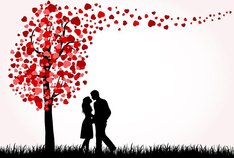 ilustração de casal se beijando com reciprocidade embaixo de uma árvore com folhas em formato de coração