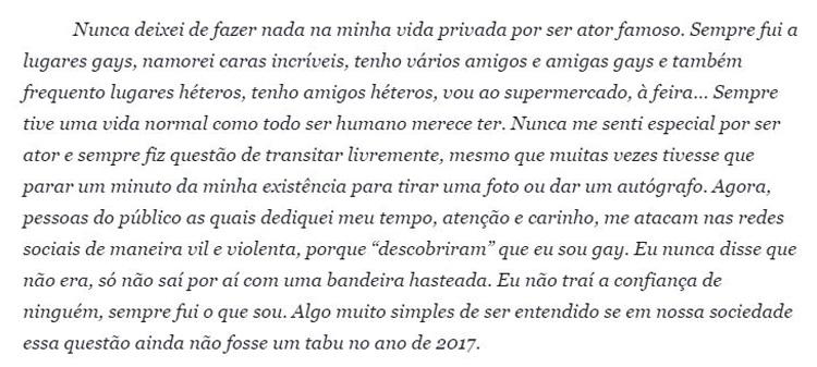 Leonardo Vieira parte da carta aberto que o ator publicou depois de ataques homofóbicos na web