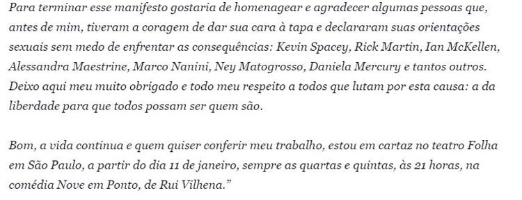 Leonardo Vieira parte da carta aberto que o ator publicou depois de ataques homofóbicos na web