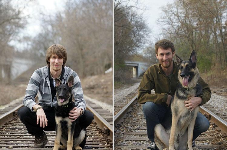 Antes e depois dos donos e seus animais de estimação