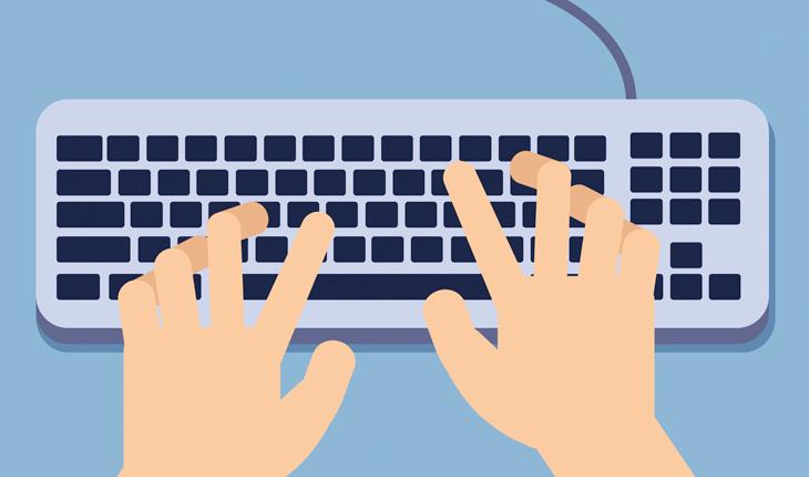 Na ilustração há as mãos de uma pessoa digitando em um teclado de computador. Os tons da imagem são azul-claro e azul.