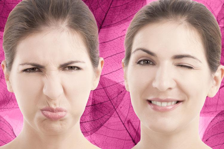 duas fotos da mesma mulher com expressões faciais diferentes