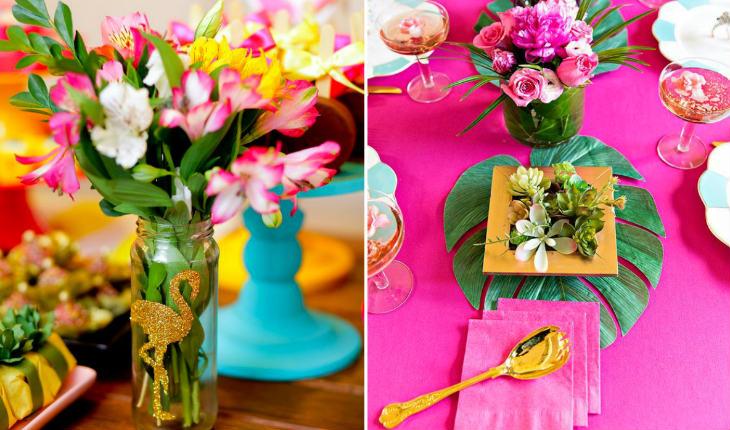 festa tropical decoração arranjo flores e mesa