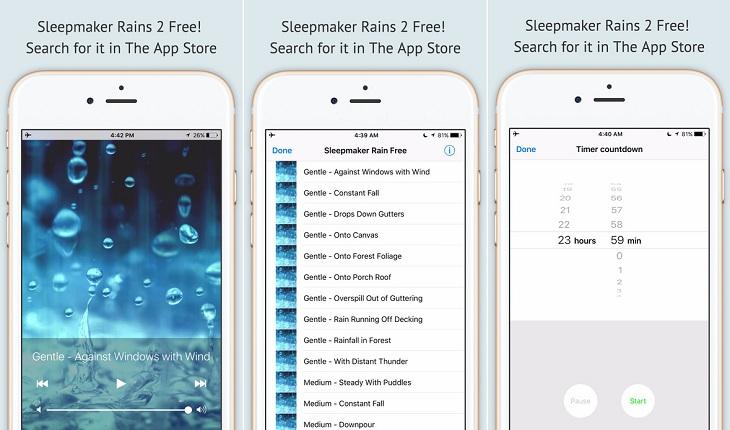 print de três telas de um smarthone apple com imagens do aplicativo sleepmaker rain free aplicativos para relaxar a mente