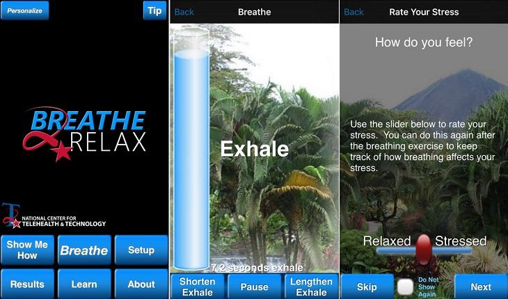 print de três telas de um smartphone android com imagens do aplicativo breath2relax aplicativos para relaxar a mente