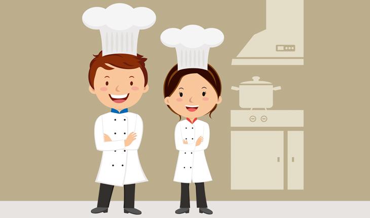 Na ilustração há dois chefs de cozinha de braços cruzados e vestidos como cozinheiros.
