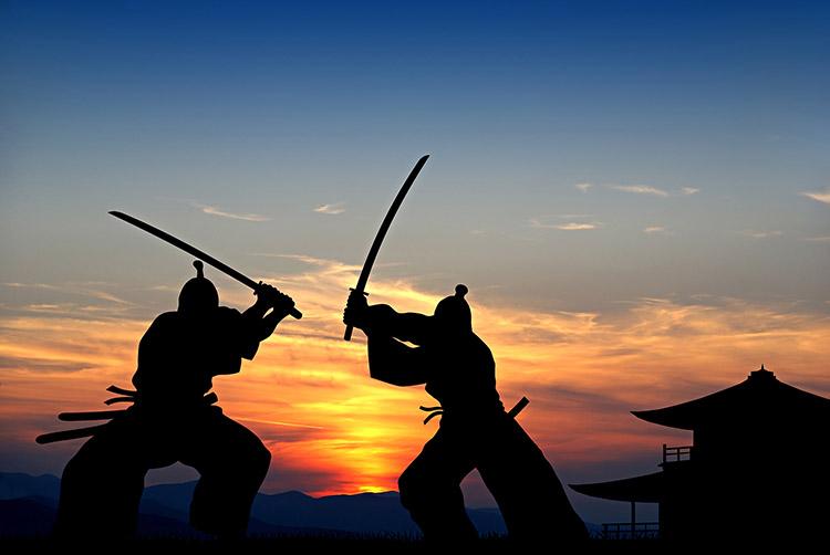 cenário, luta, samurai, espada, pôr do sol, sombra
