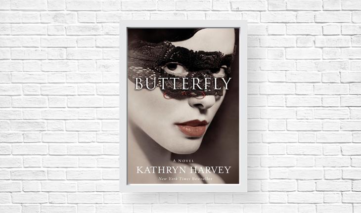mulher branca com mascara preta e batom na capa do livro butterfly de kathryn harvey