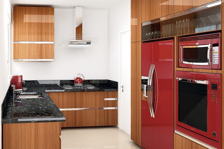 Cozinha com eletrodomésticos pintados de vermelho