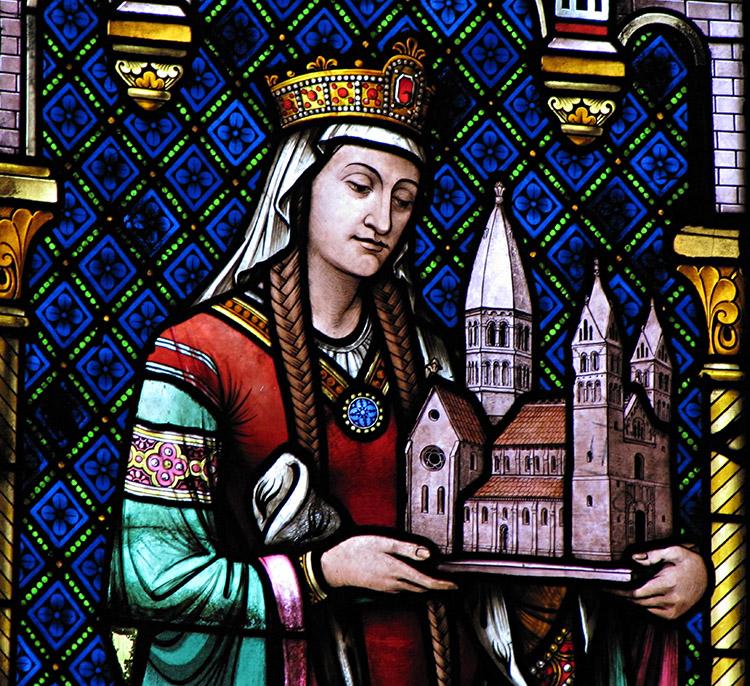 pintura de Santa Hildegarda segurando uma igreja, como se fosse num vitral