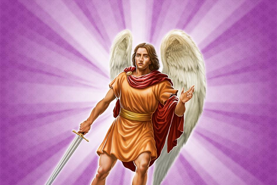 Ilustração do anjo Miguel em fundo rosa e branco
