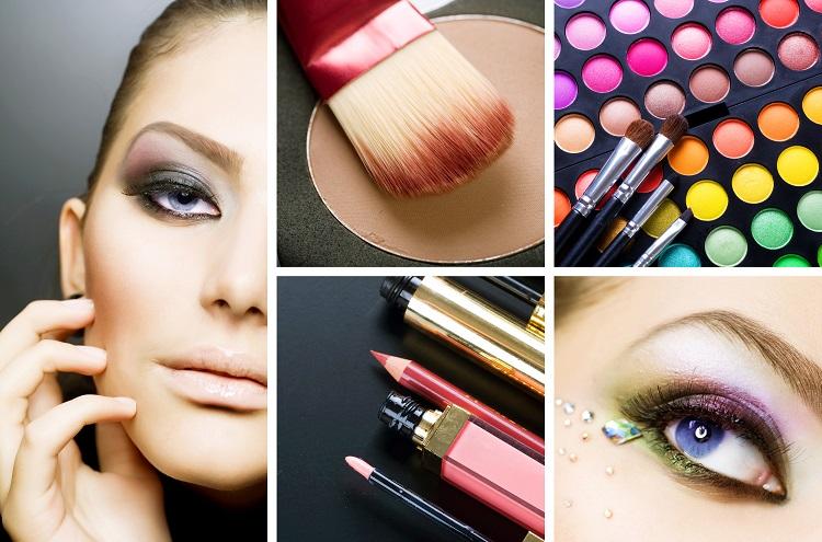 Mosaico de cinco fotos com imagens de rosto de mulheres maquiadas e produtos de beleza espalhados, sobre truques de beleza