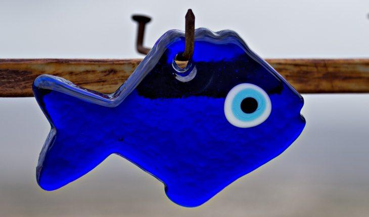 peixe azul preso por um gancho