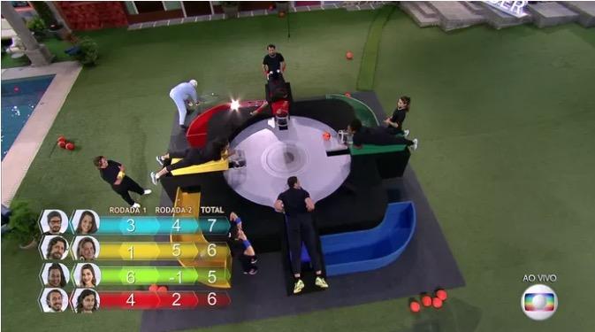 Os oito participantes do BBB17 deitados sobre uma plataforma na qual caiam uma quantidade de bolas e eles deveriam pegá-las com a ajuda de um balde e juntá-las.