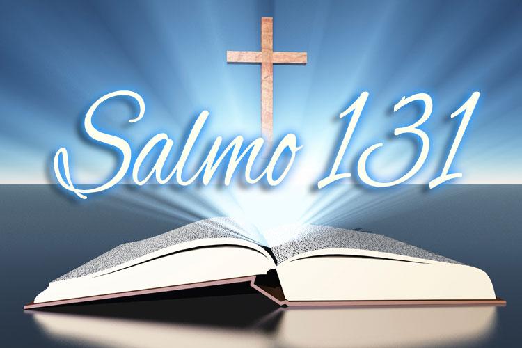 uma imagem com uma cruz no fundo, uma luz azul saindo de uma bíblia logo abaixo e com o Salmo 131 escrito 