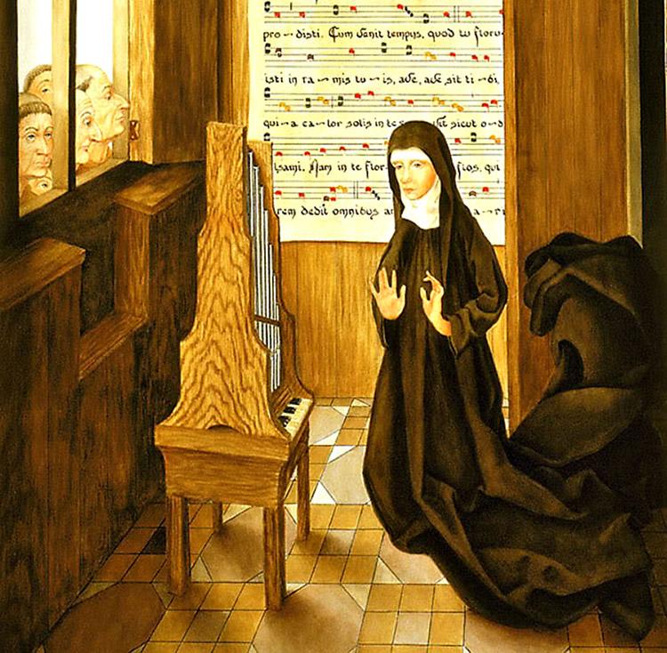 pintura sobre a santa Hildegard em frente a um piano