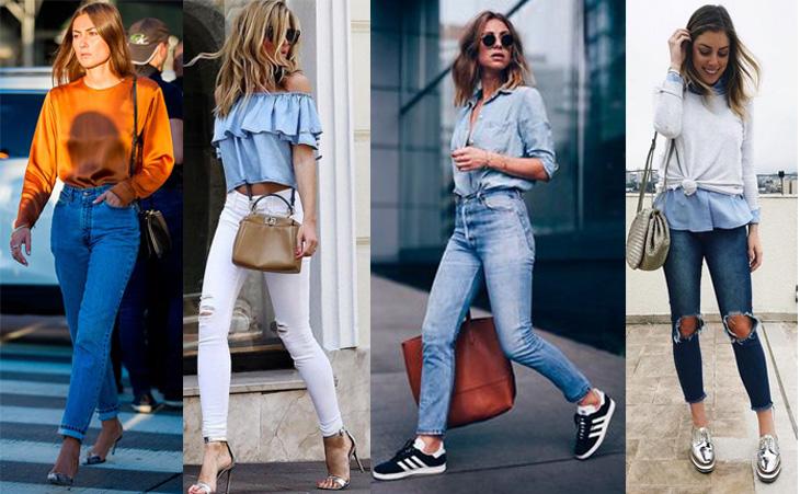 mulheres com looks jeans em diferentes poses e cenários