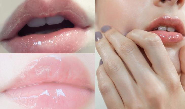 Três fotos de bocas usando gloss transparente