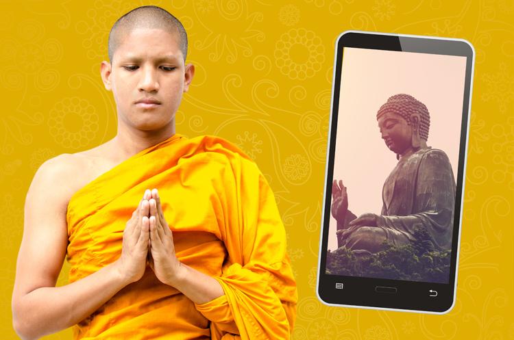 Monge budista meditando e ao lado um celular com a imagem de Buda relacionando budismo e modernidade.