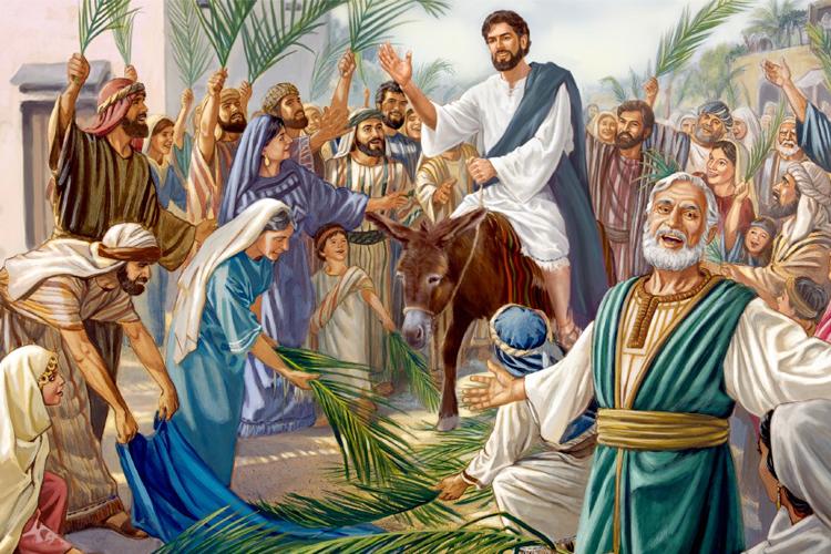 uma ilustração de Domingo de Ramos. Jesus montado em um jumento rodeado de uma multidão segurando ramos