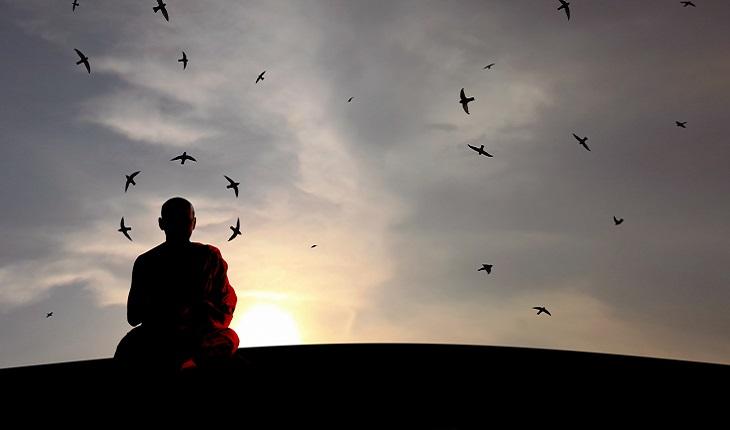 A foto mostra um monge sentado em um campo. Eles está rodeado por pássaros ouvindo o canto deles e praticando a meditação mindfulness
