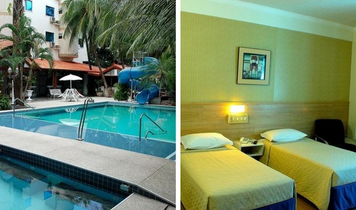 Fotos da piscina e do quarto duplo do Nacional Palace Hotel