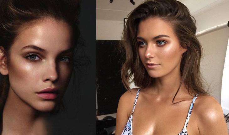 Duas fotos com modelos usando maquiagem com iluminador
