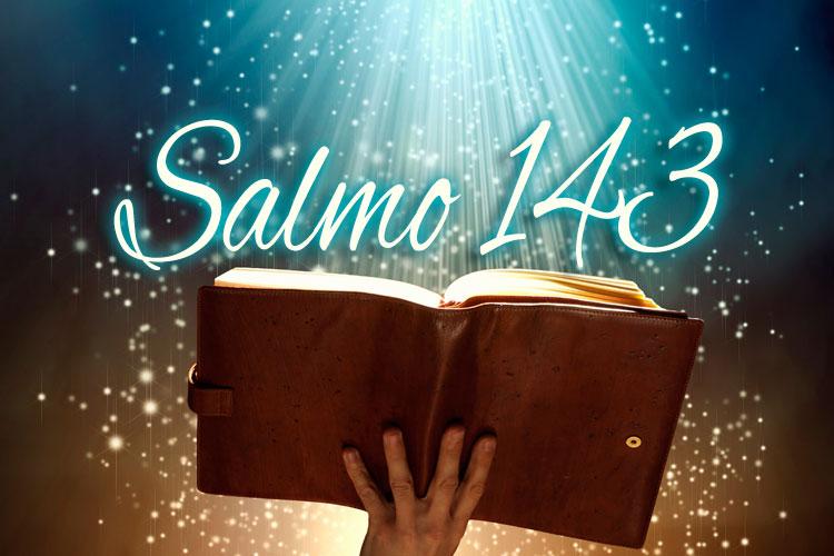 uma mão segurando uma bíblia e uma luz azul descendo ao encontro dela e escrito Salmo 143