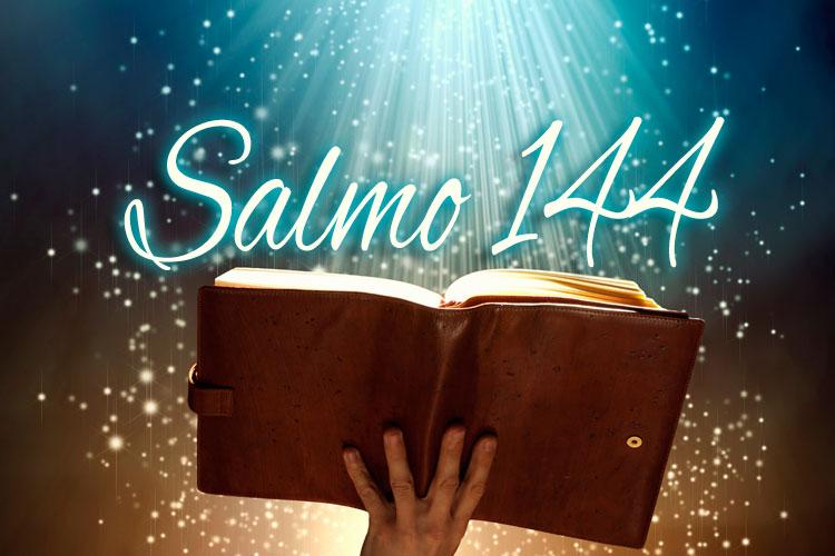 uma mão segurando uma bíblia e uma luz azul descendo ao encontro dela e escrito Salmo 144