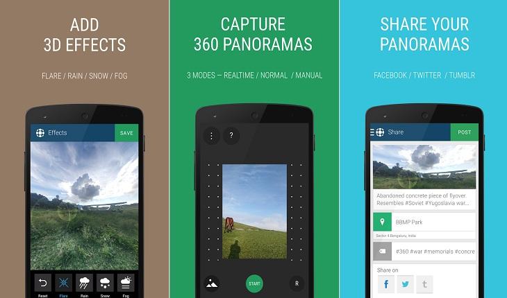 print de três telas de um smarpthone com imagens do aplicativo fotos panoramicas