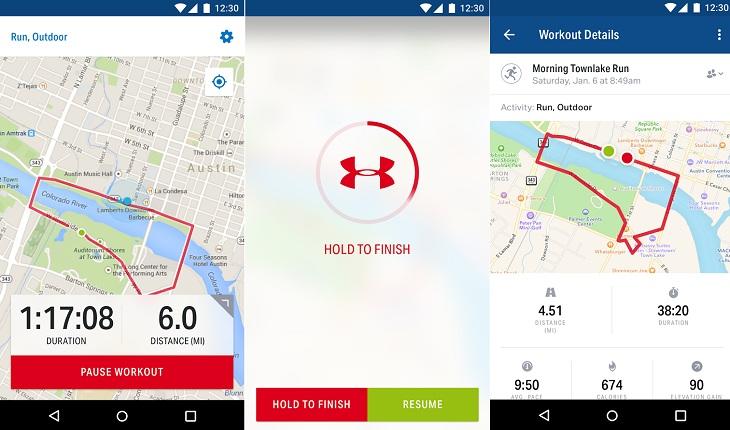 print de três telas de um smartphone android com imagens do aplicativo mapmyfitness aplicativos fitness